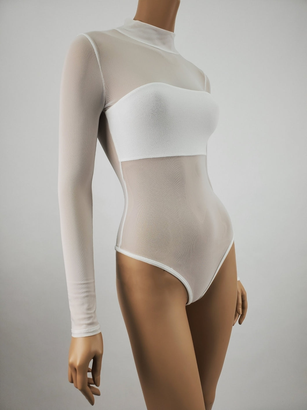 Mock-Neck Long Sleeve Mesh Bodysuit (White)