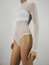 Load image into Gallery viewer, Mock-Neck Long Sleeve Mesh Bodysuit (White)
