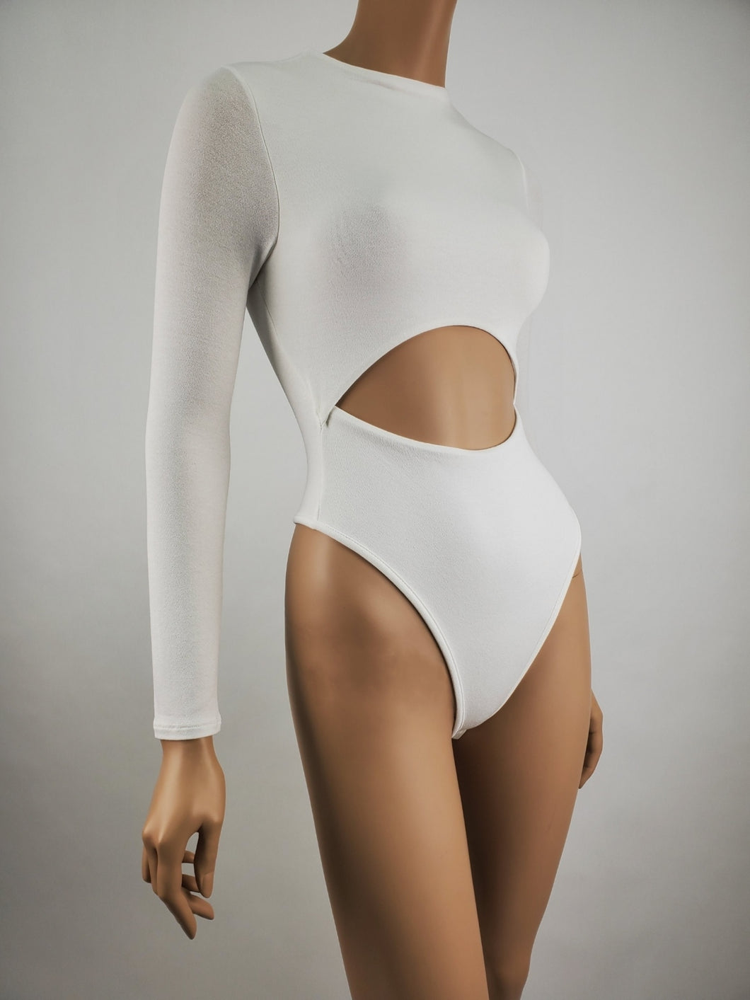 Mock-Neck Front Cut Out Long Sleeve Bodysuit (White)