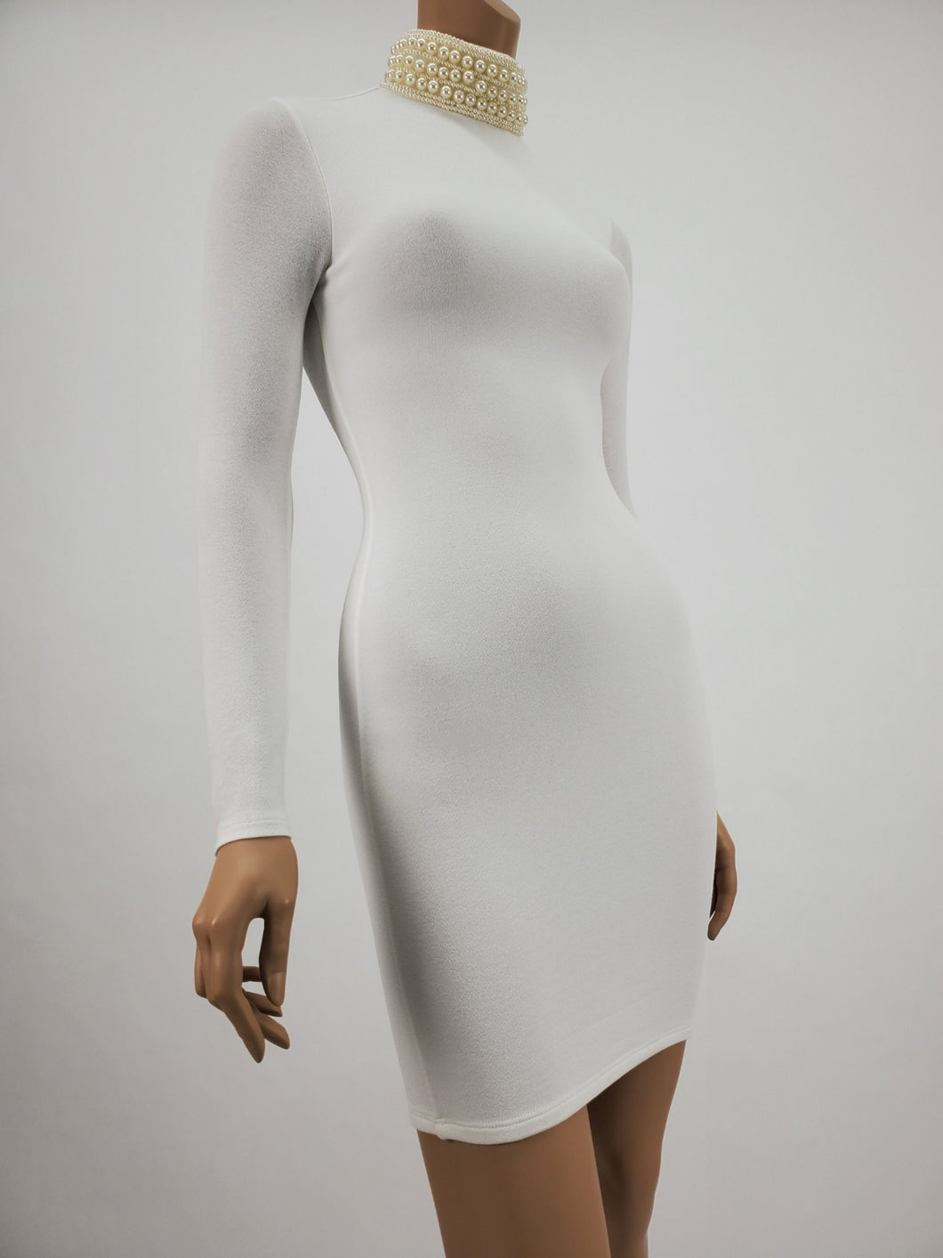 Long Sleeve Dress With Pearl Neckline (White)
