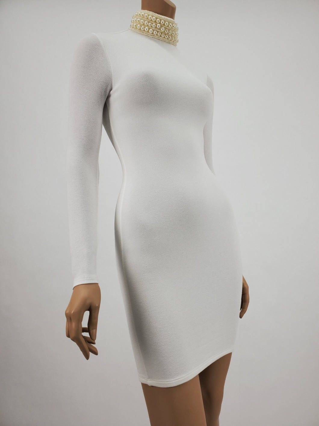 Long Sleeve Dress With Pearl Neckline (White) JUSHVI Long Sleeve Dress With Pearl Neckline (White) JUSHVI