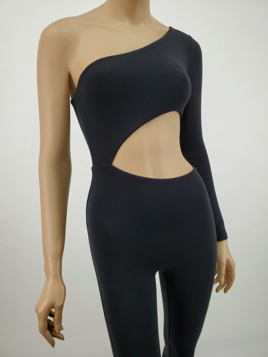 Off Shoulder One Long Sleeve Asymmetrical Jumpsuit (Black)