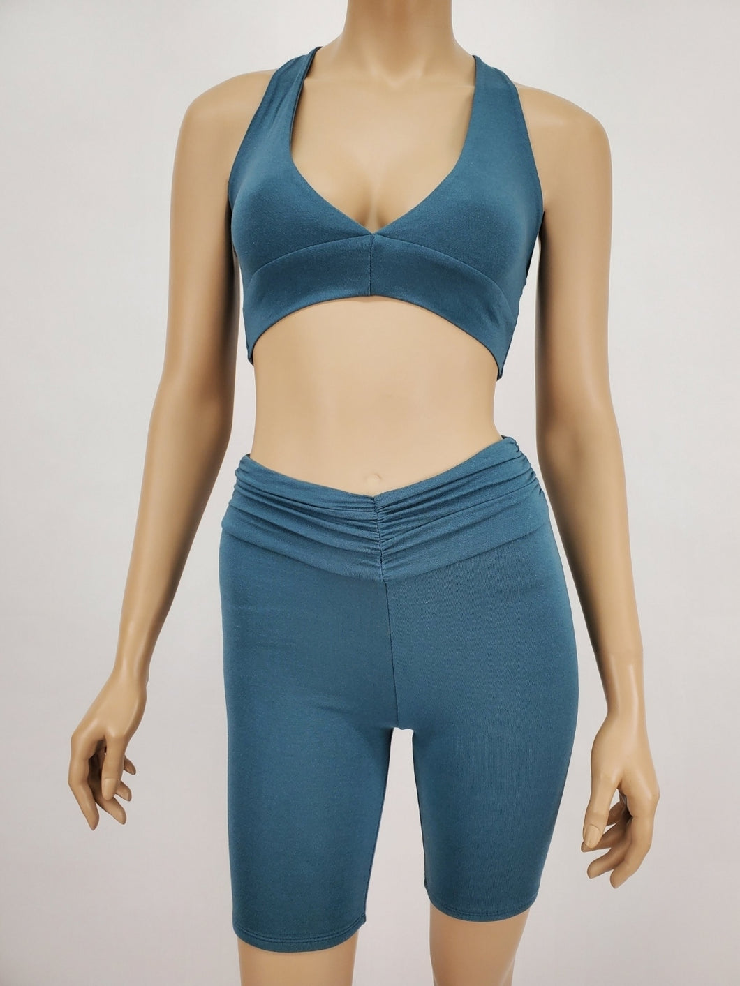 Criss Cross Back Top and Waistband with Shirring Biker Short 2 Pc. Set (Teal)