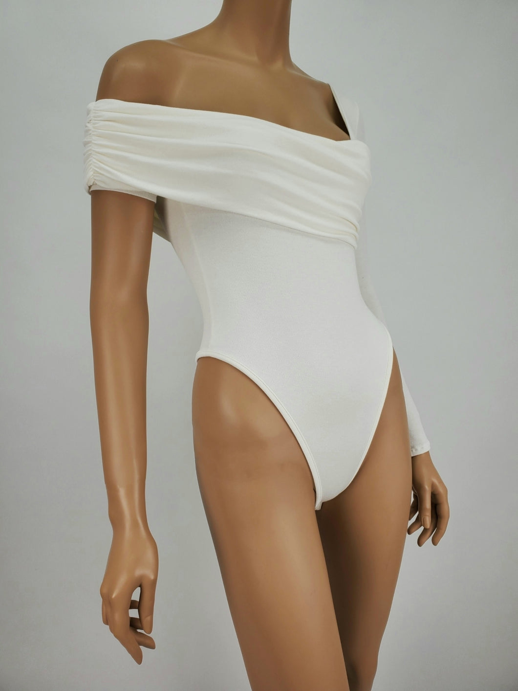 Off Shoulder with One Long Sleeve Bodysuit (White)
