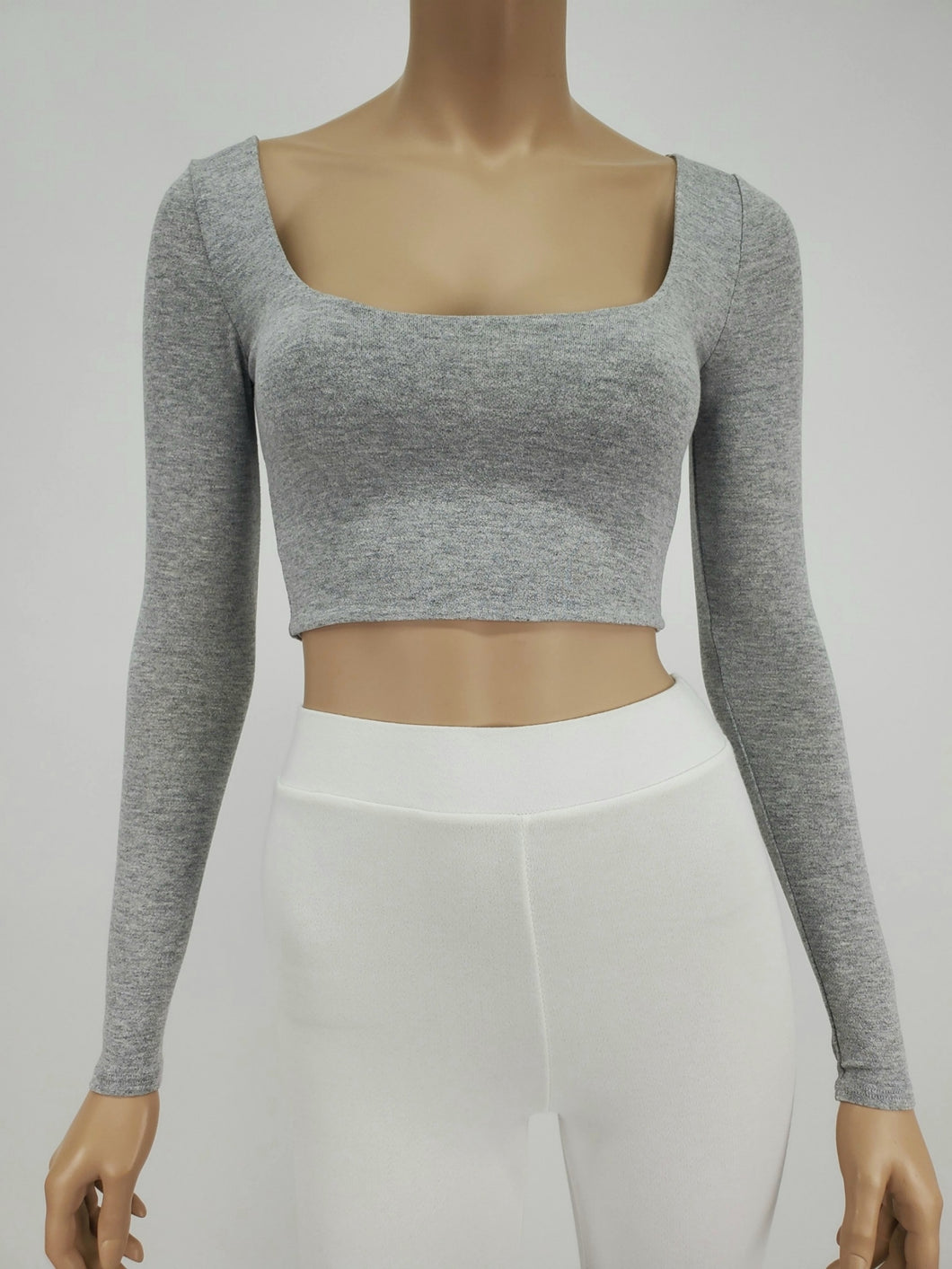 Long Sleeve Square Neck Crop Top (Heather Gray)