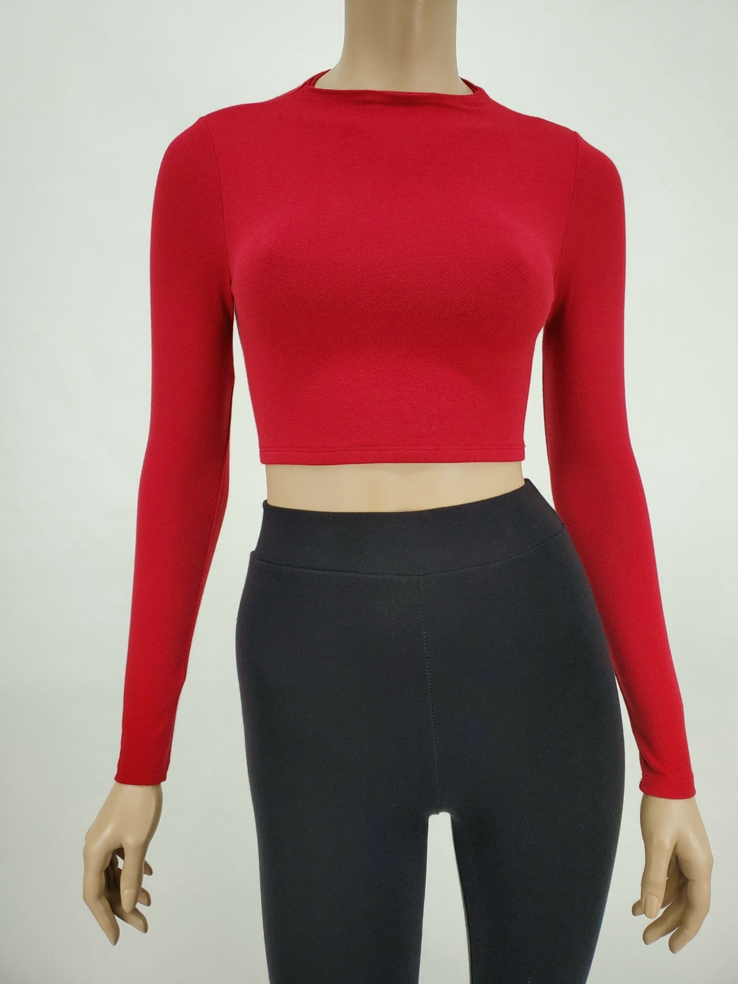 Backless Long Sleeve Mock Neck Crop Top (Red)