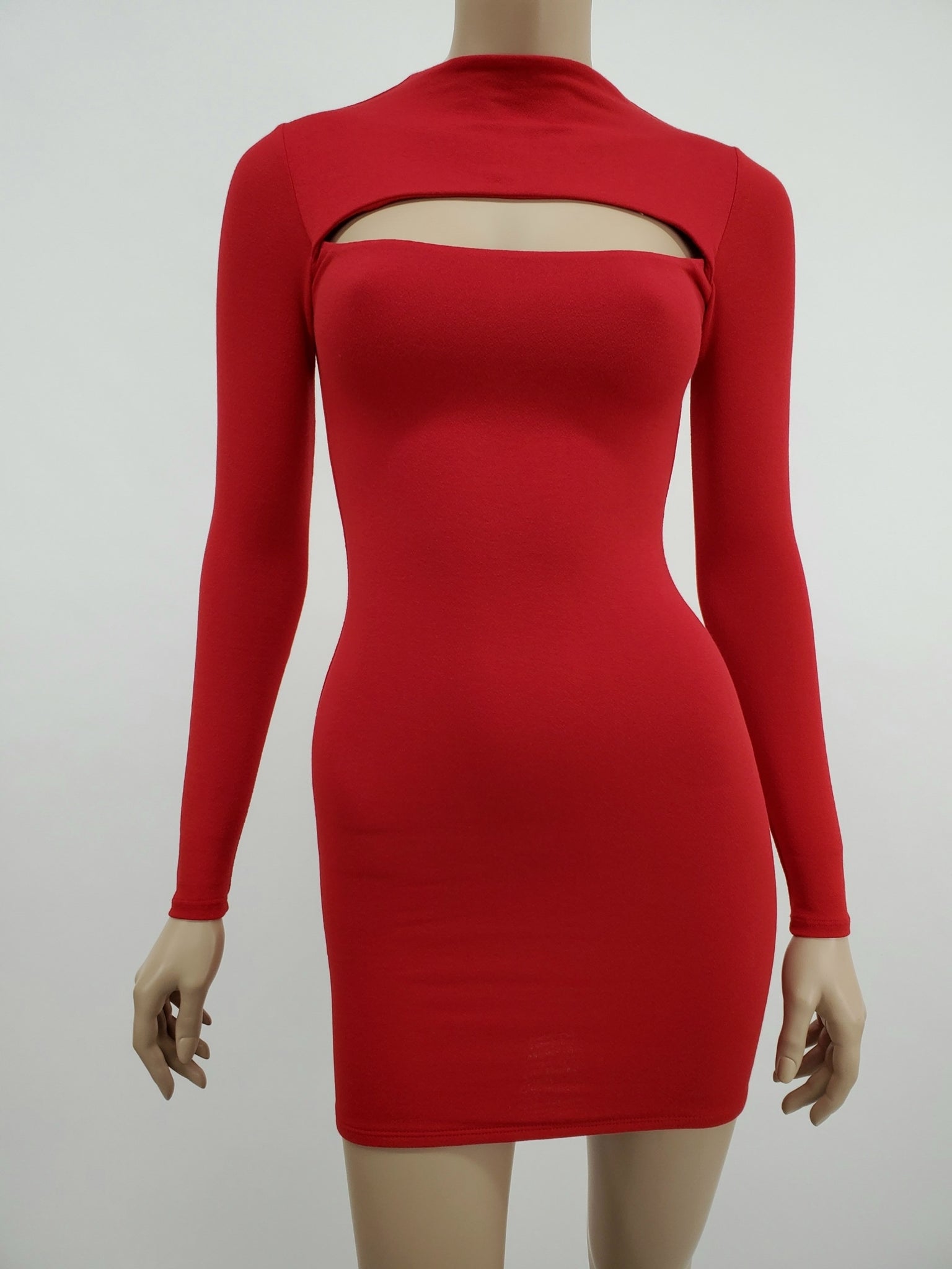 Long Sleeve Mock Neck Front Cut-Out Mini Dress (Red) Long Sleeve Mock Neck Front Cut-Out Mini Dress (Red)