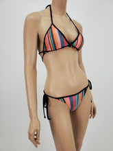 Load image into Gallery viewer, Black Binding Multicolor Stripe Halter Bikini Swimsuit (Multicolor)
