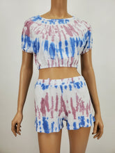 Load image into Gallery viewer, Tie-Dye Dolman Crop Top and Shorts Set  (Blue/Mauve)
