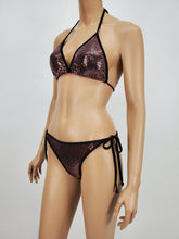 Load image into Gallery viewer, Black and Pink Metallic Halter Bikini Swimsuit with Black Binding (Black/Pink)
