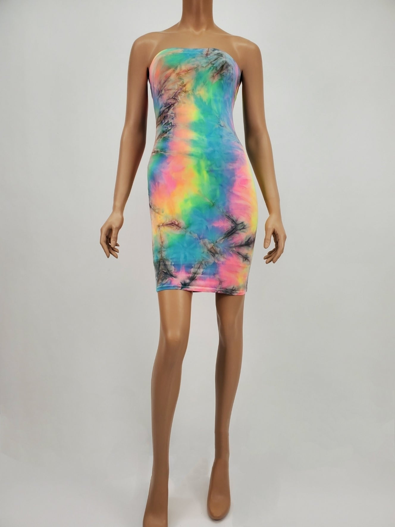 Bodycon Tie Dye Tube Dress (Pink/Yellow/Blue)