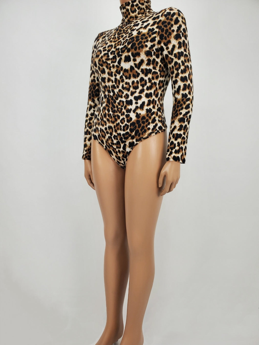 Shirred Turtleneck Long Sleeve Bodysuit Plus Size (Leopard)