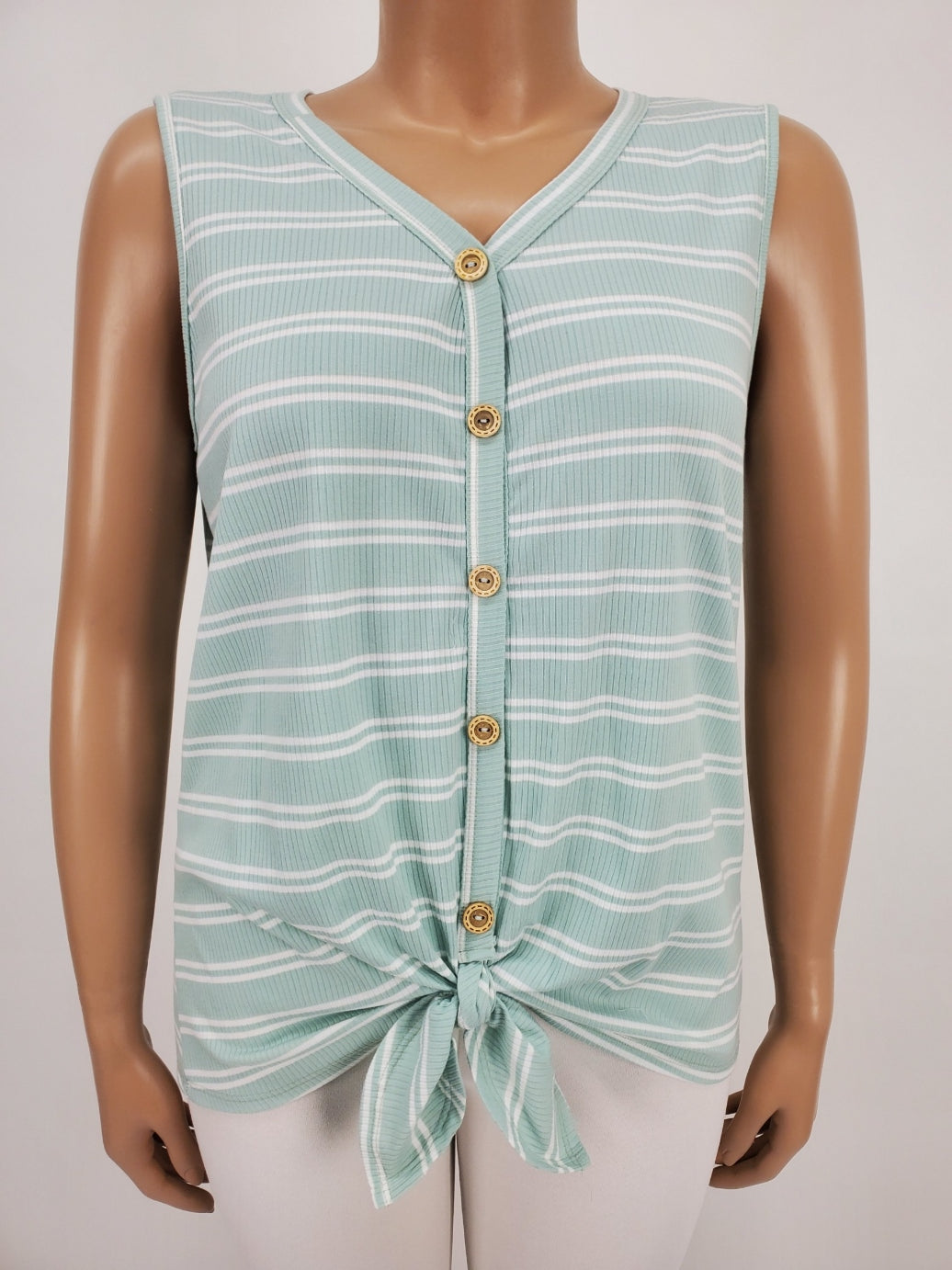 Faux Button Sleeveless Top with Tie Front Plus Size (Sage/White)