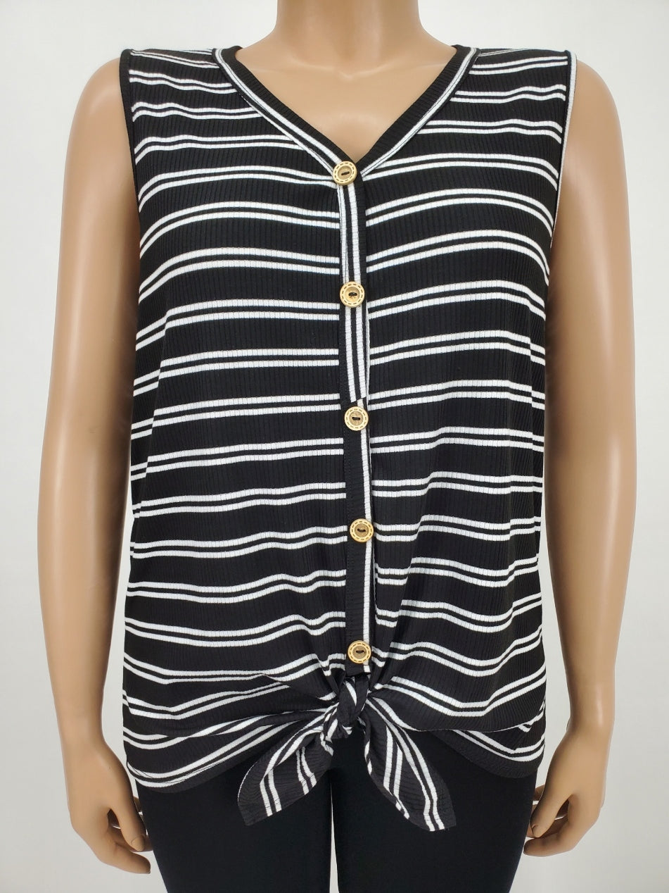 Faux Button Sleeveless Top with Front Tie Plus Size (Black/White)