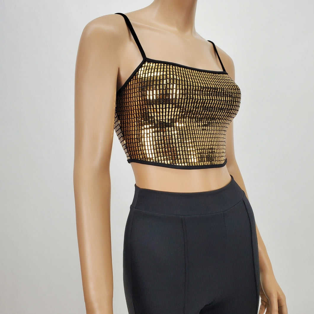 Sequins Spaghetti Strap Crop Tank Top (Gold)