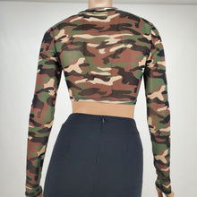 Load image into Gallery viewer, Camouflage Mock Neck Mesh Long Sleeve Crop Top
