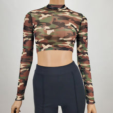 Load image into Gallery viewer, Camouflage Mock Neck Mesh Long Sleeve Crop Top
